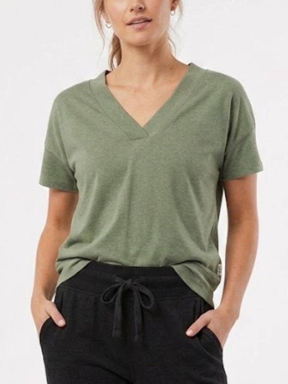 Pact V-Neck Airplane Sweatshirt Short Sleeve Olive Green Relaxed Fit Size XS